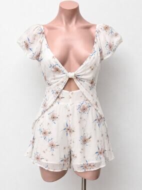 NWT OHS Ivory With Pink & blue Floral Off Shoulder Front Tie Keyhole Romper M